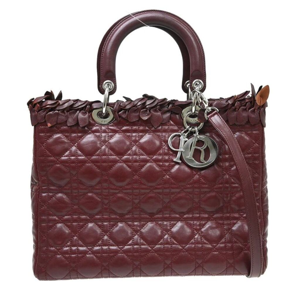 Christian Dior Lady Dior Bow Cannage Quilt Lambskin Burgundy Leather Handbag